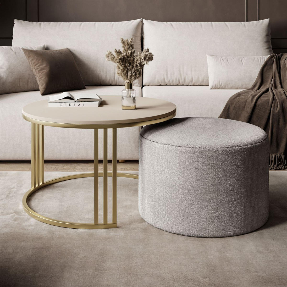 COUCHTISCH mit Hocker LORI MAT gebürstetes Gold/Kaschmir matt/Perfect Harmony 82 - Kaschmir, Metall (70/70/49cm) - Lookway