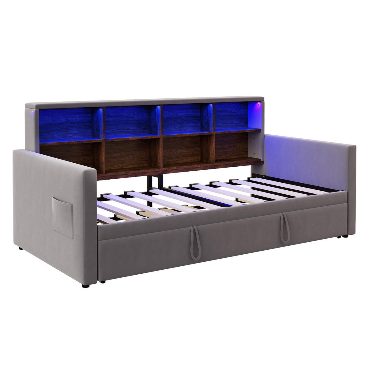 AUSZIEHBETT 90/190 cm DE-02118, in Dunkelgrau, mit LED, Steckdosen und Staufächern - Dunkelgrau, Metall (90/190cm) - ComfortXL