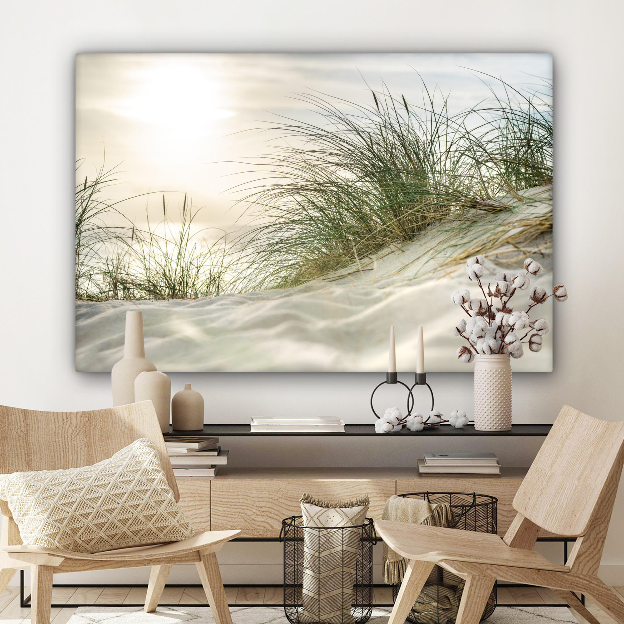 LEINWANDBILD Dünen mit Strandhafer in der Sonne des Nationalparks Schleswig-Holsteinisches Wattenmeer XXL 150x100 cm - Creme, Textil (150/100cm) - MuchoWow
