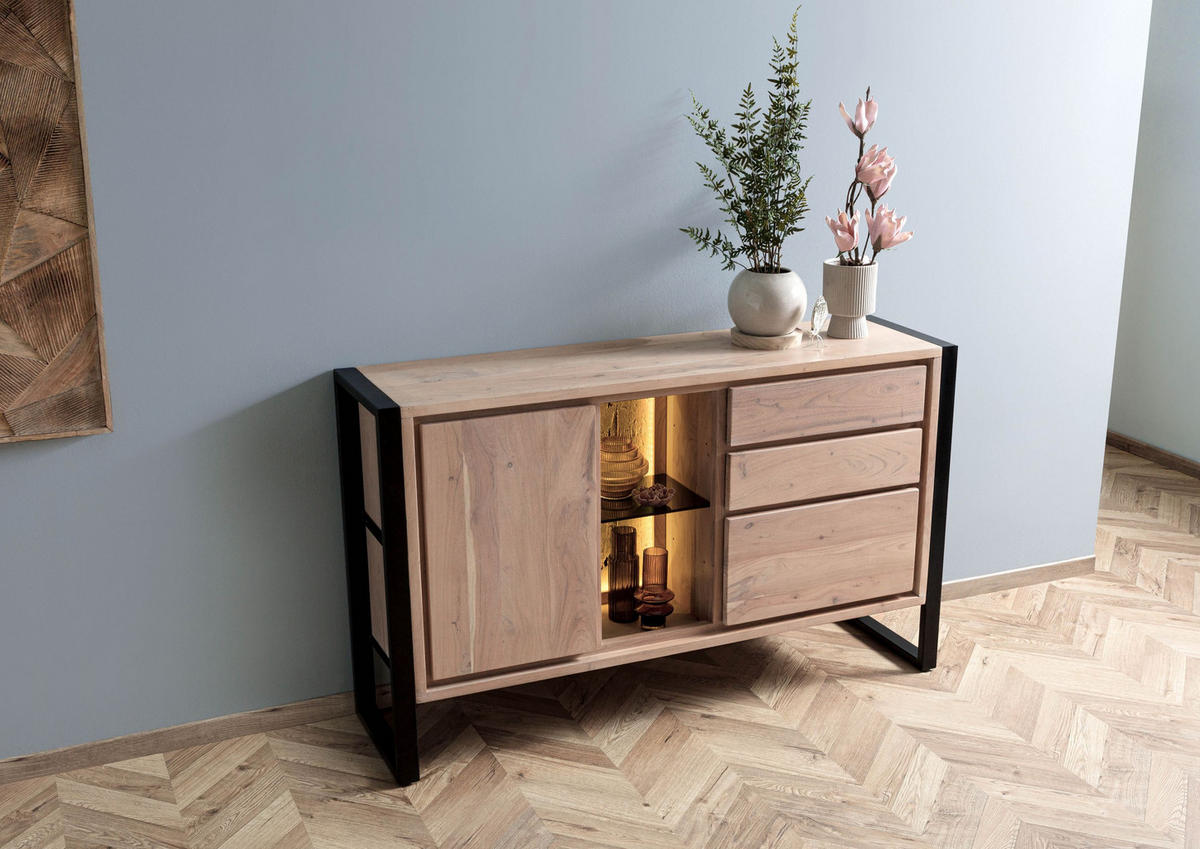 SIDEBOARD Akazie / Altholz 150x40x90 natur lackiert DENVER #110 - Braun, Holz (150/90/40cm) - Massivmoebel24