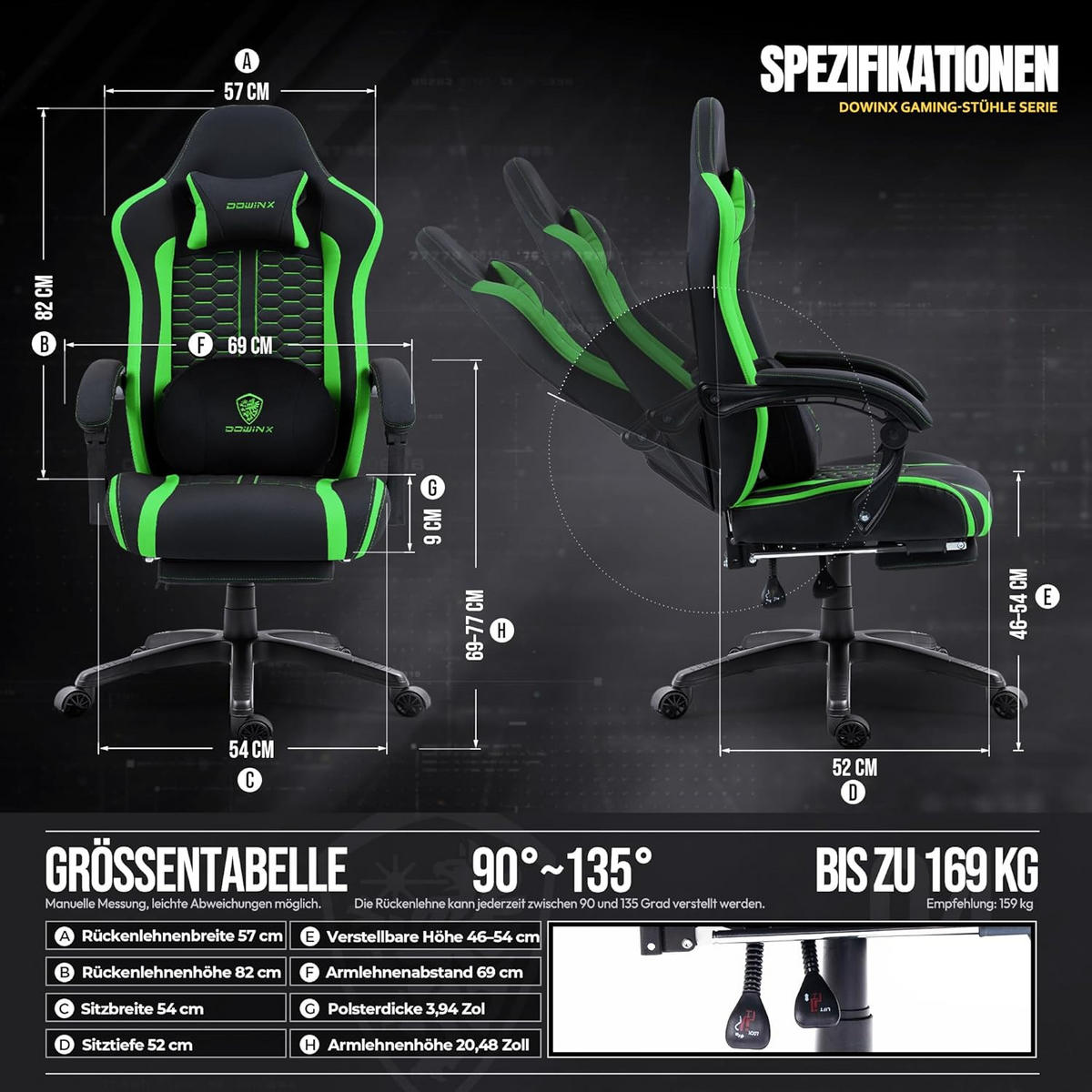GAMINGSTUHL & Beheizter Massage Lendenwirbelstütze Fußstütze - Grün, Leder (69/128/69cm)