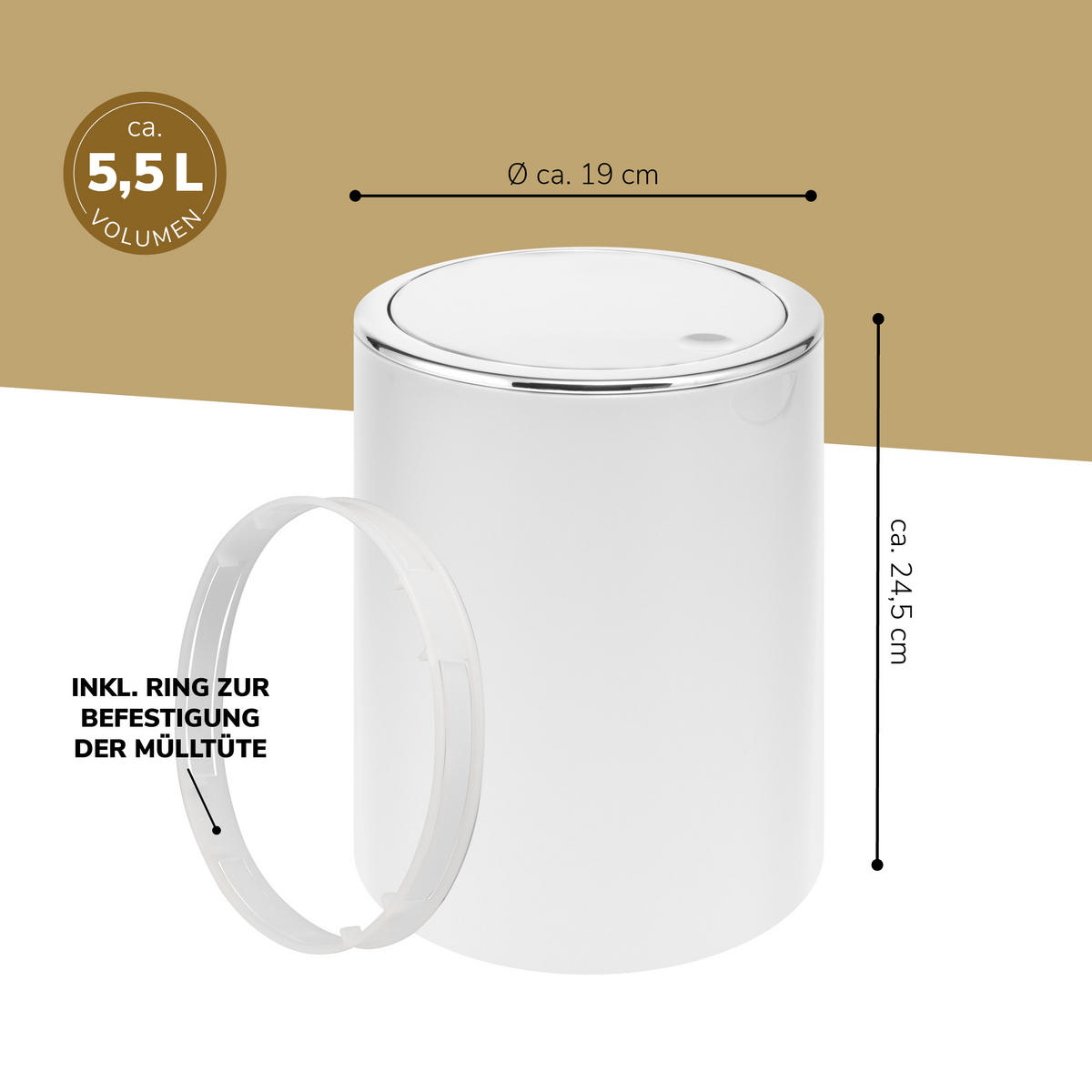 KOSMETIKEIMER SAVONA 5,5 Liter, weiß - Weiß, Kunststoff (19/24.5/19cm) - bremermann