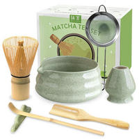 MATCHA Set 7-teiliges Set mit Schale und Bambusbesen - Grün, Keramik (15/10/15cm)