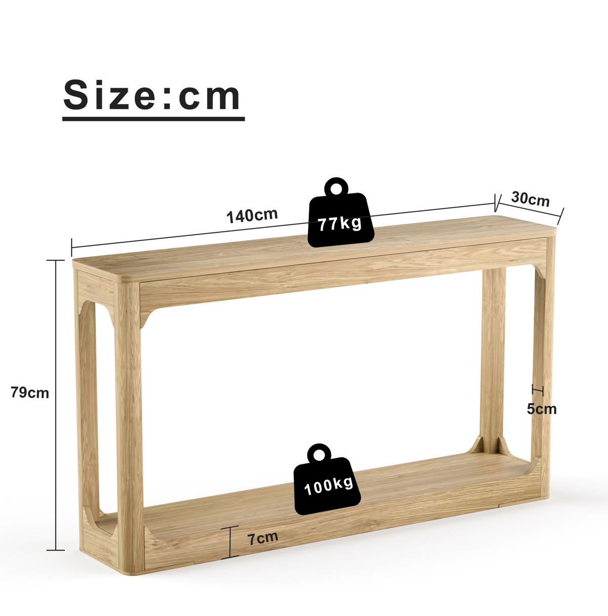 KONSOLENTISCH aus MDF 140x30x79 cm naturfarben mit 2 offenen Ablagen - Naturfarben, Holzwerkstoff (140/30/79cm) - IVMEU