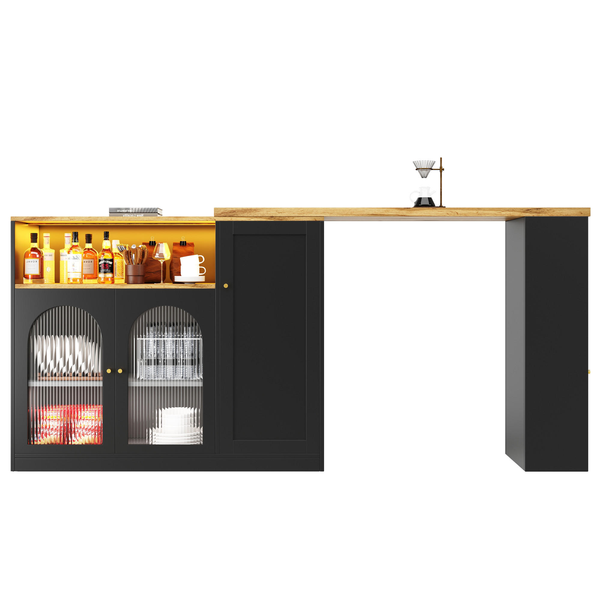 OKWISH BAROVÝ stůl 197/39,6/100 cm černý z MDF s otočnou deskou, skleněnou vitrínou a LED osvětlením