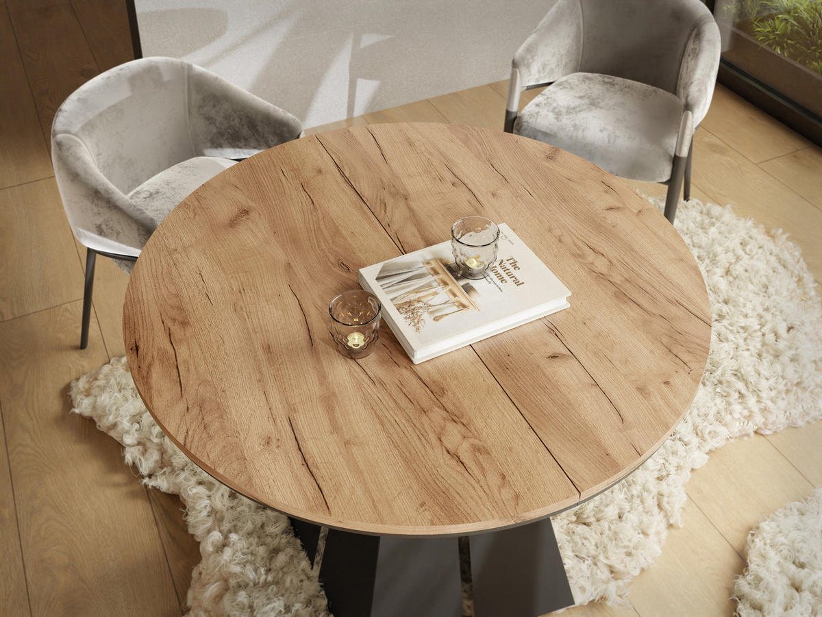 ESSTISCH Kova runder ausziehbarer, Craft Eiche 120-200/120/76 cm - Eiche Wotan/Schwarz, Holzwerkstoff/Metall (120/120/76cm) - WFL GROUP