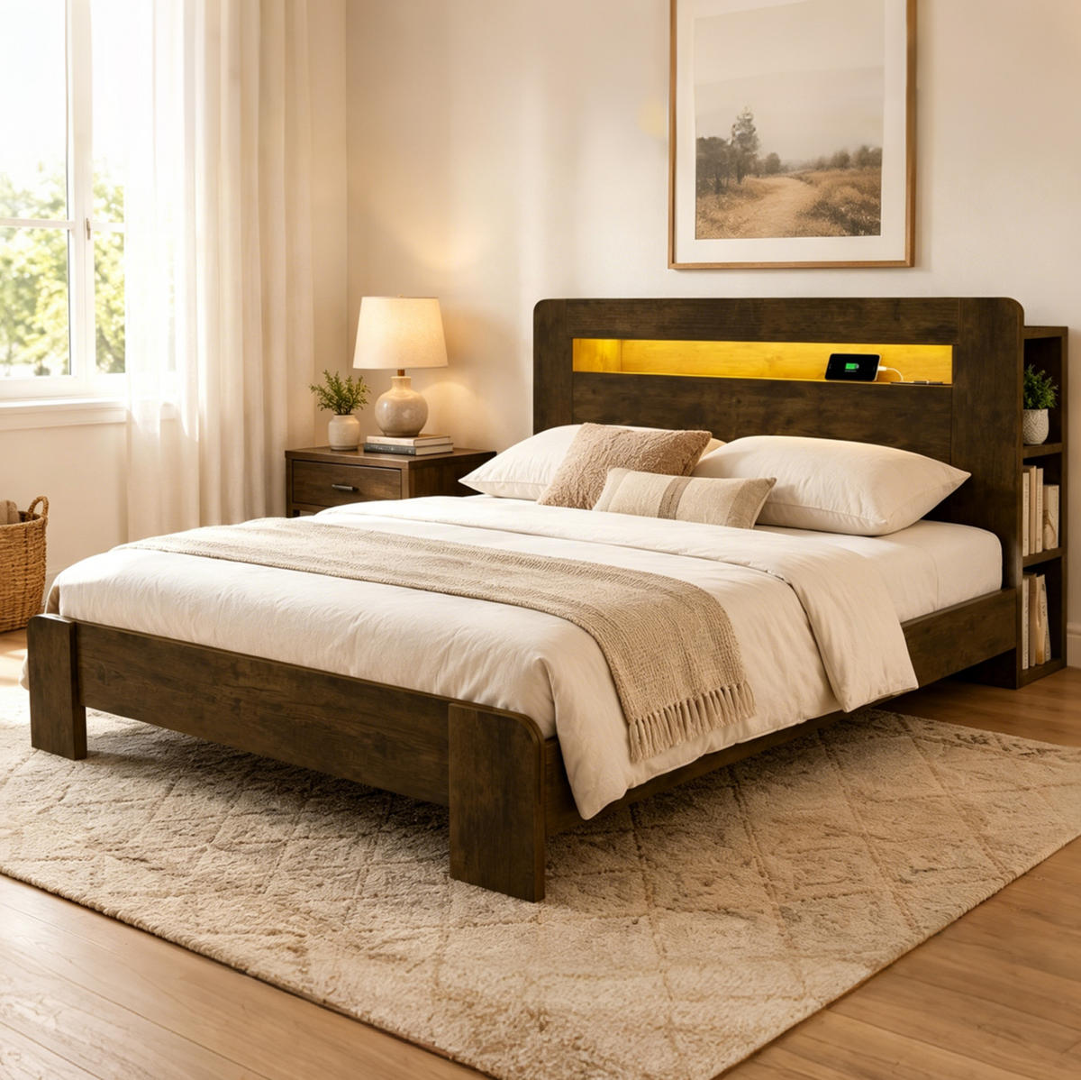 STAURAUMBETT 140/200 cm Vintage-Holz mit LED und Steckdosen - Naturfarben, Holz (140/200cm) - MIVRAY