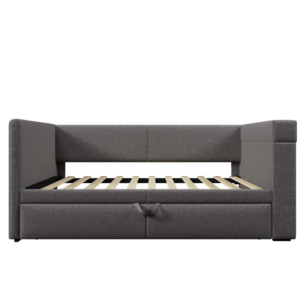 BETT 90/200 cm mit Ausziehbett, Armlehnen mit USB- & Type-C-Anschlüssen Getränkehalter Leinen-Mischgewebe Grau - Grau, Textil (90/200cm) - OKWISH