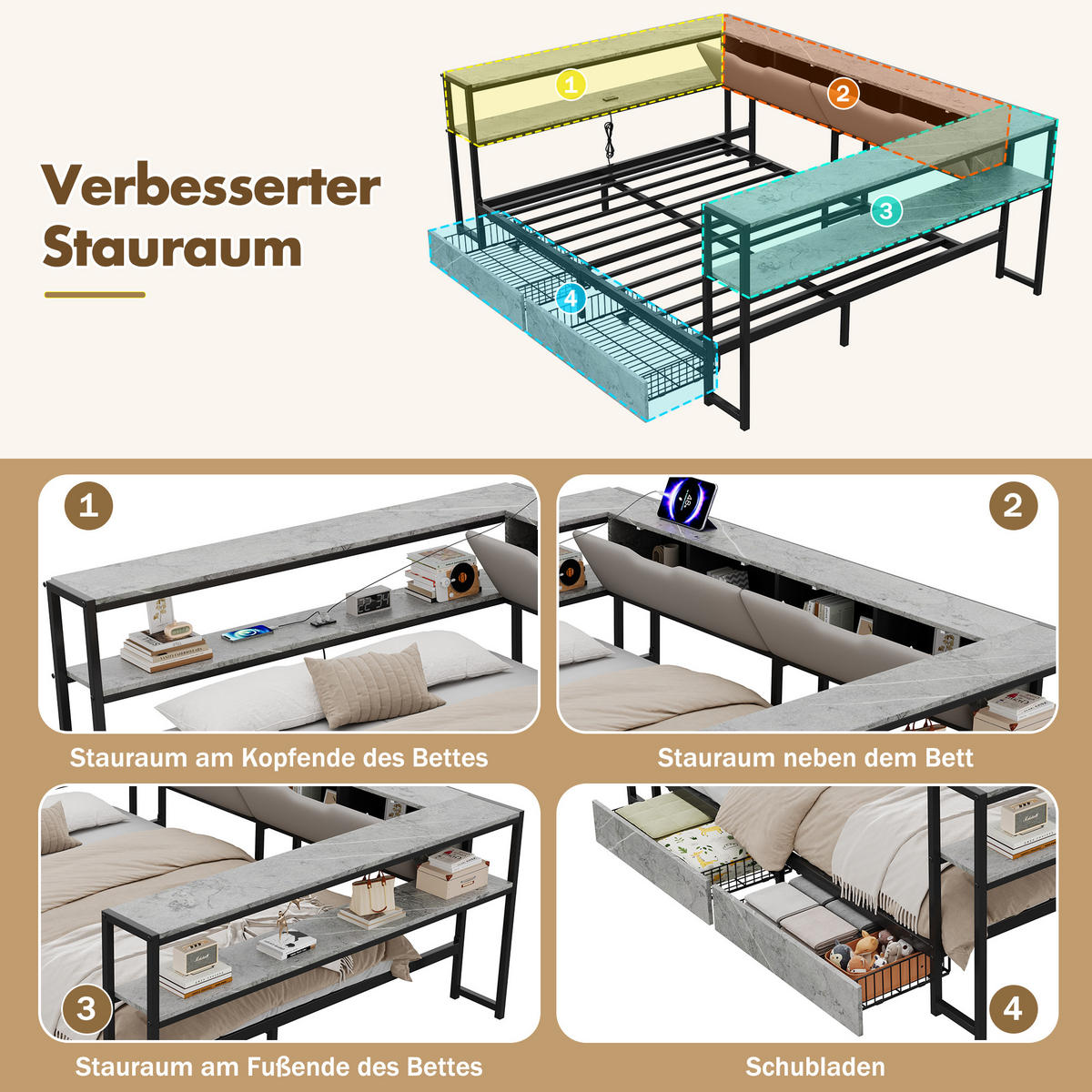 DAYBETT Beton 140x200 USB Type-C Schubladen Stauraum - Grau, Metall (140/200cm) - FLIEKS