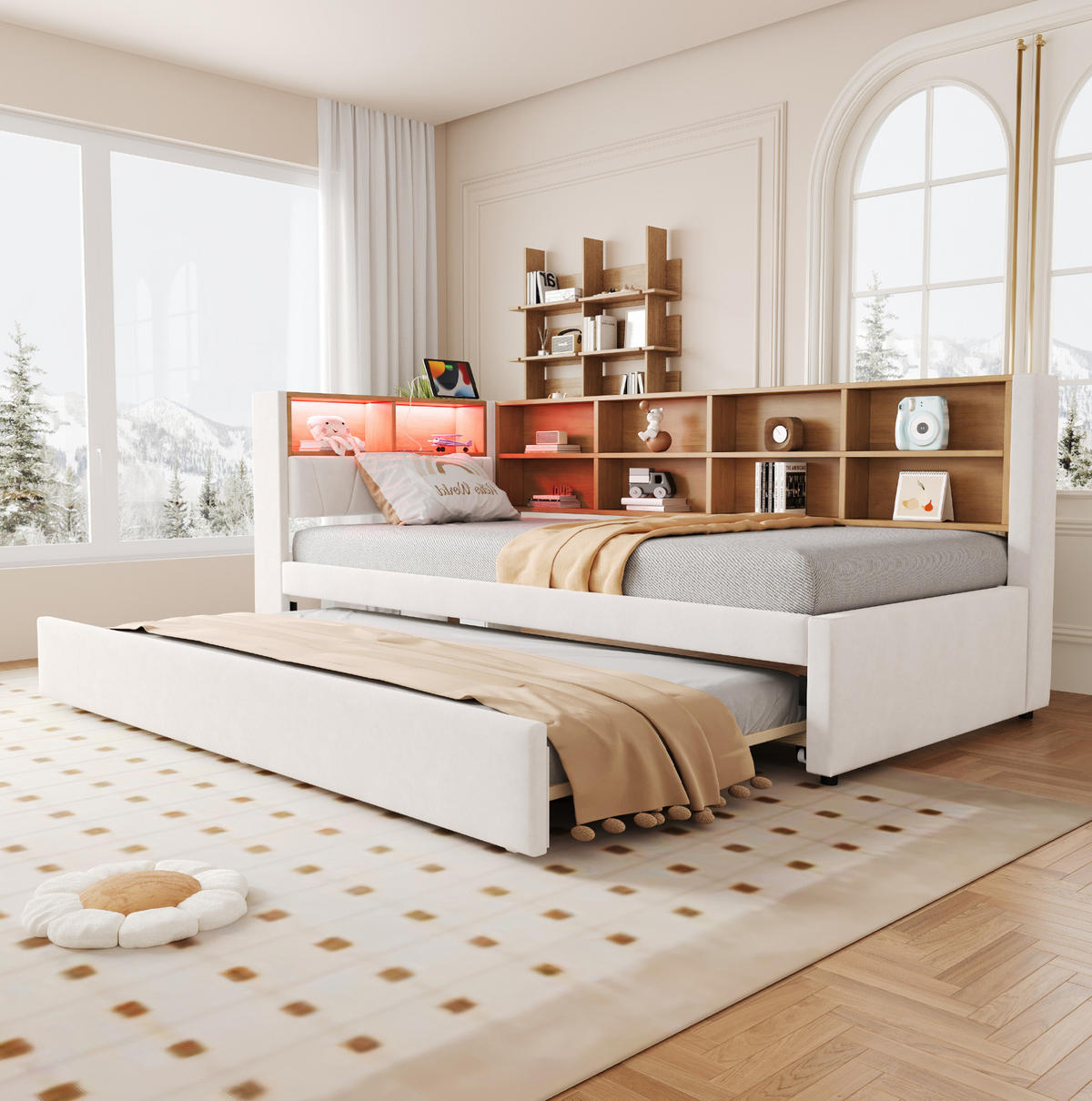 BETT 90/200 cm mit Ausziehbett, LED, Stauraum und Ladeanschlüssen - Beige, Textil (90/200cm) - BEAOK