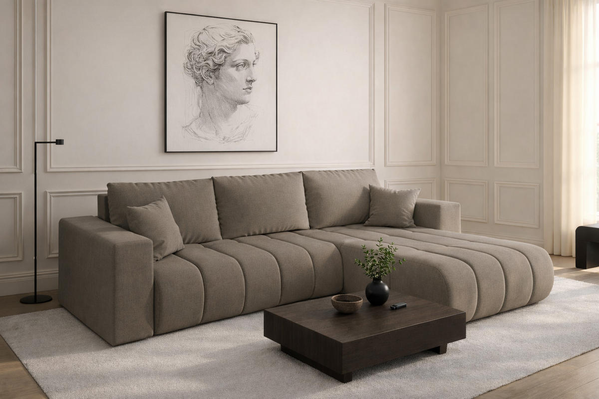 ECKSOFA mit schlaffunktion und bettkasten MILO PREMIUM, stoff WIND, Stahl, Rechts - Grau, Holz (280/190cm) - Kaiser Möbel