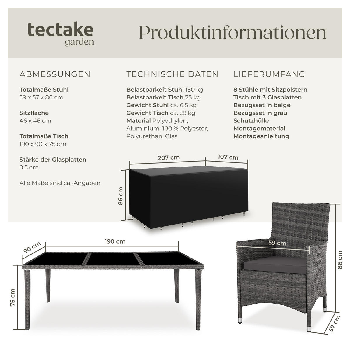 RATTAN-SITZGRUPPE aus Aluminium Menorca, inklusive Schutzhülle, grau - Grau, Kunststoff - tectake