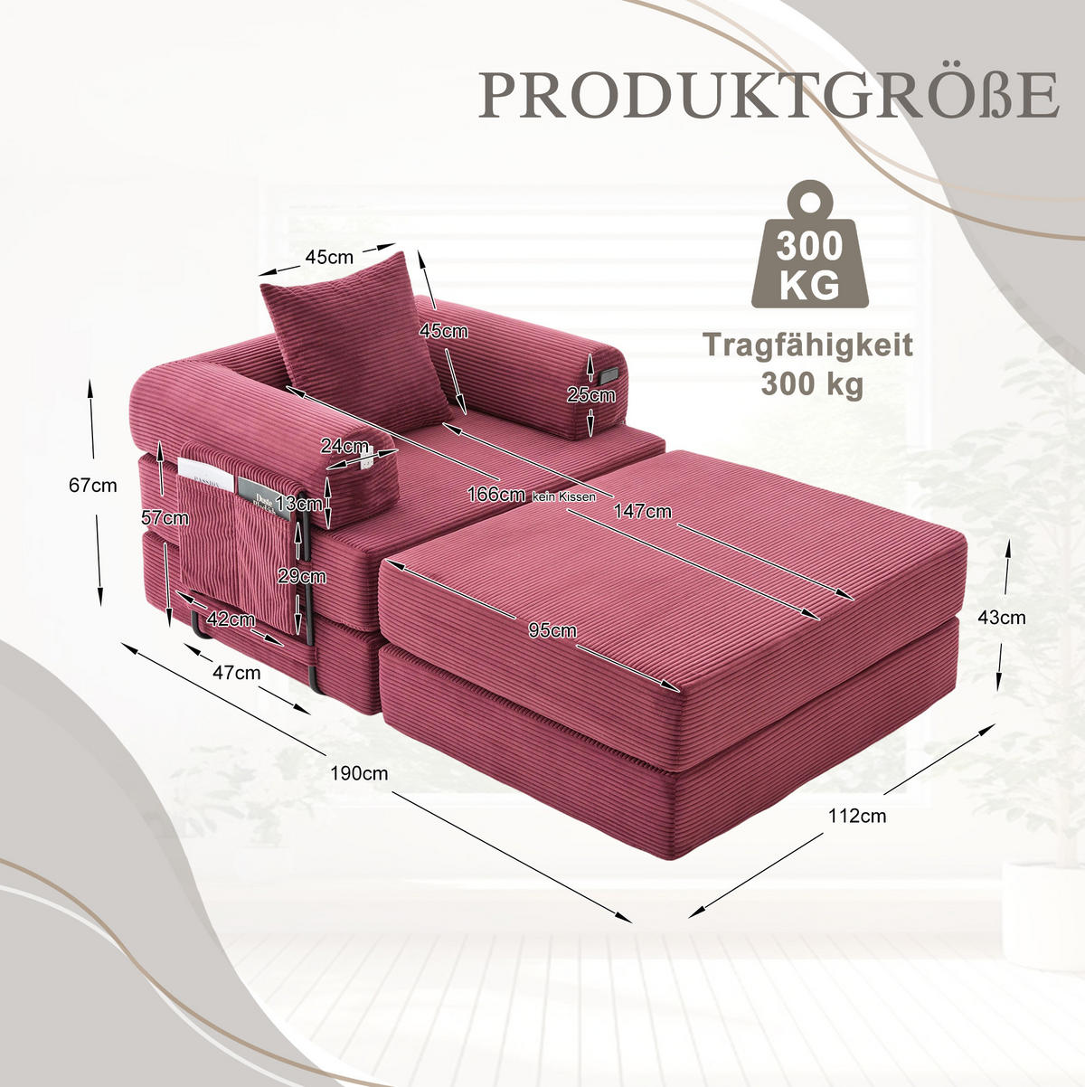 MODULARES Cordsofa 112/190/67 cm aus Cord mit Hocker und montagefreiem Komfort Weinrot - Weinrot, Textil (190/67/112cm) - Modenvie