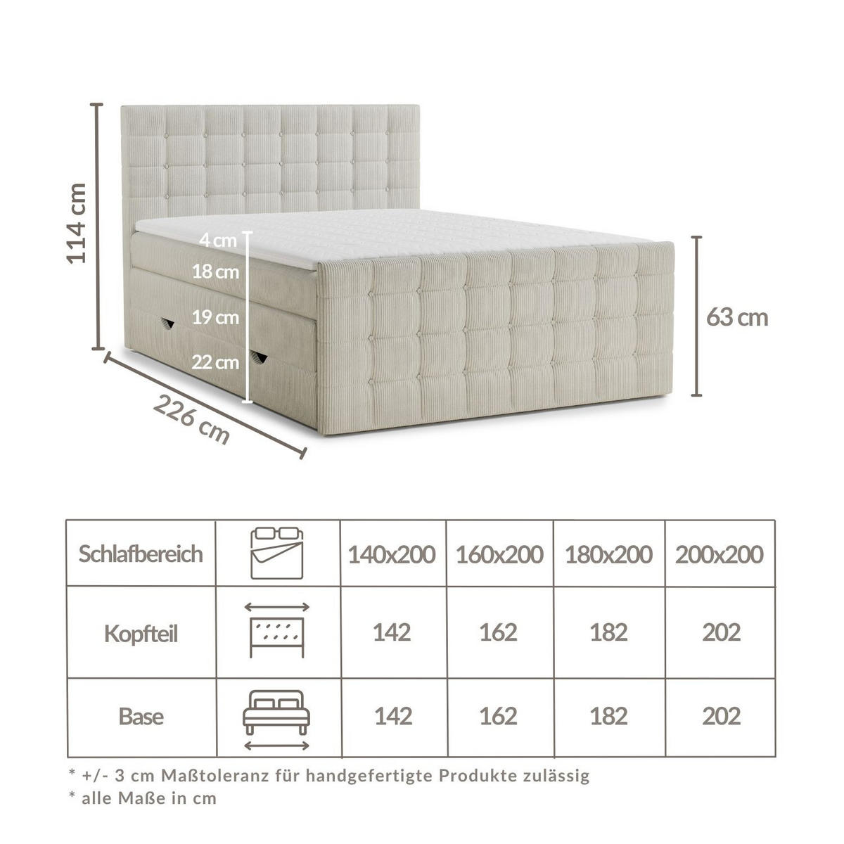 BOXSPRINGBETT Tasca 200/200 cm, in Hellgrau, Bettkasten, Matratze, Topper - Hellgrau/Schwarz, Holz/Holzwerkstoff (200/200cm) - Maison de Reve