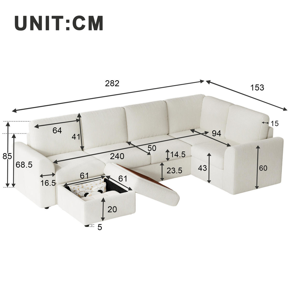 ECKSOFA 282/153/85 cm beige aus Cord mit Stauraumhocker - Beige, Textil (40/160cm) - OKWISH