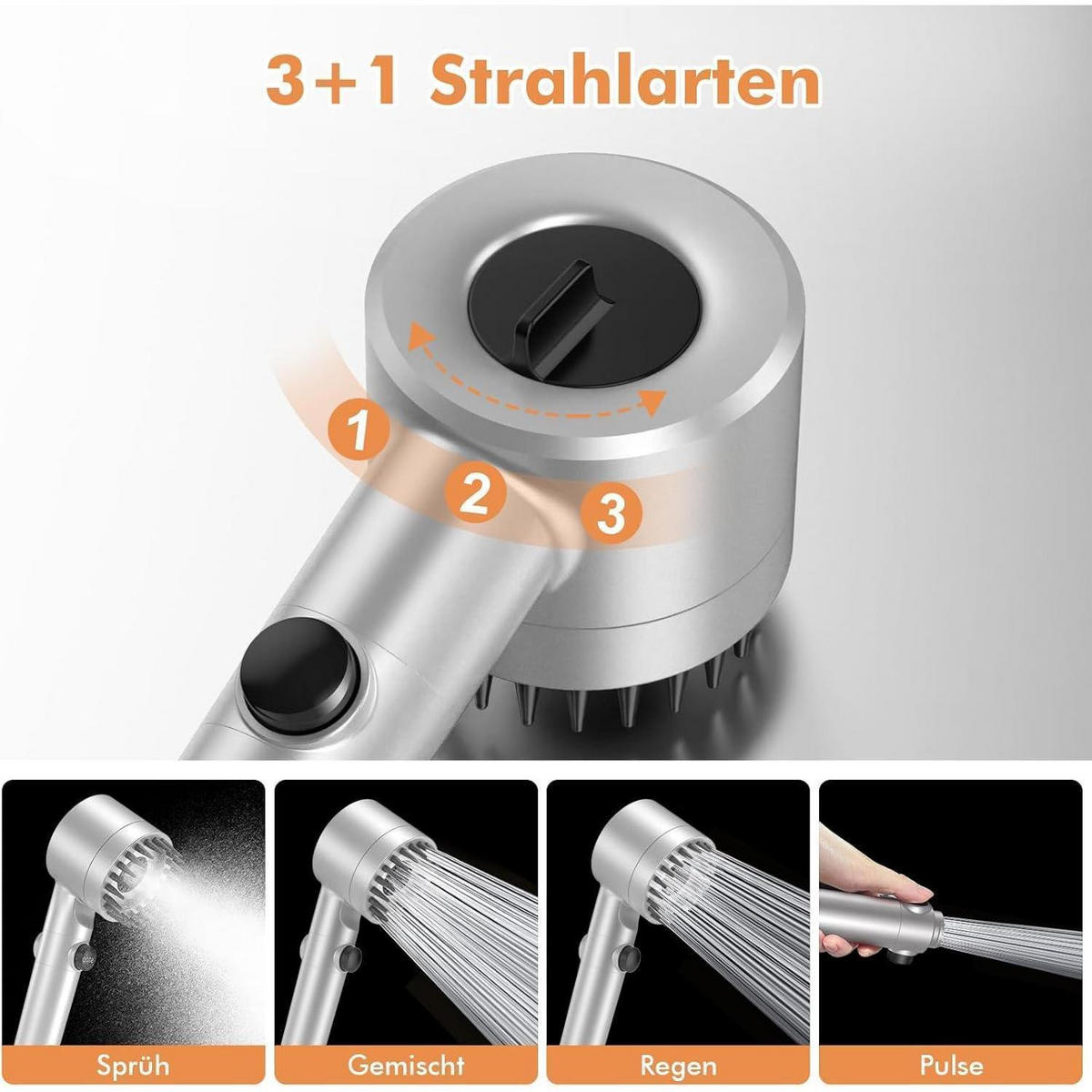 HANDBRAUSE mit 15-Schicht-Filter und 3+1 Strahlarten Silber - Silberfarben, Metall (9/12.7/27cm)