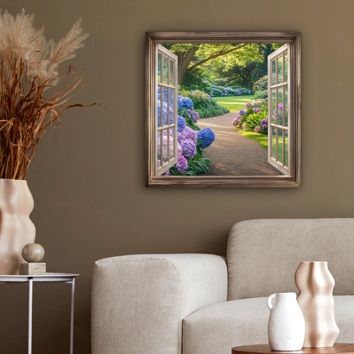 LEINWANDBILD Aussicht - Garten - Fenster - Hortensie - Blumen 50x50 cm - Pastellblau, Textil (50/50cm) - MuchoWow