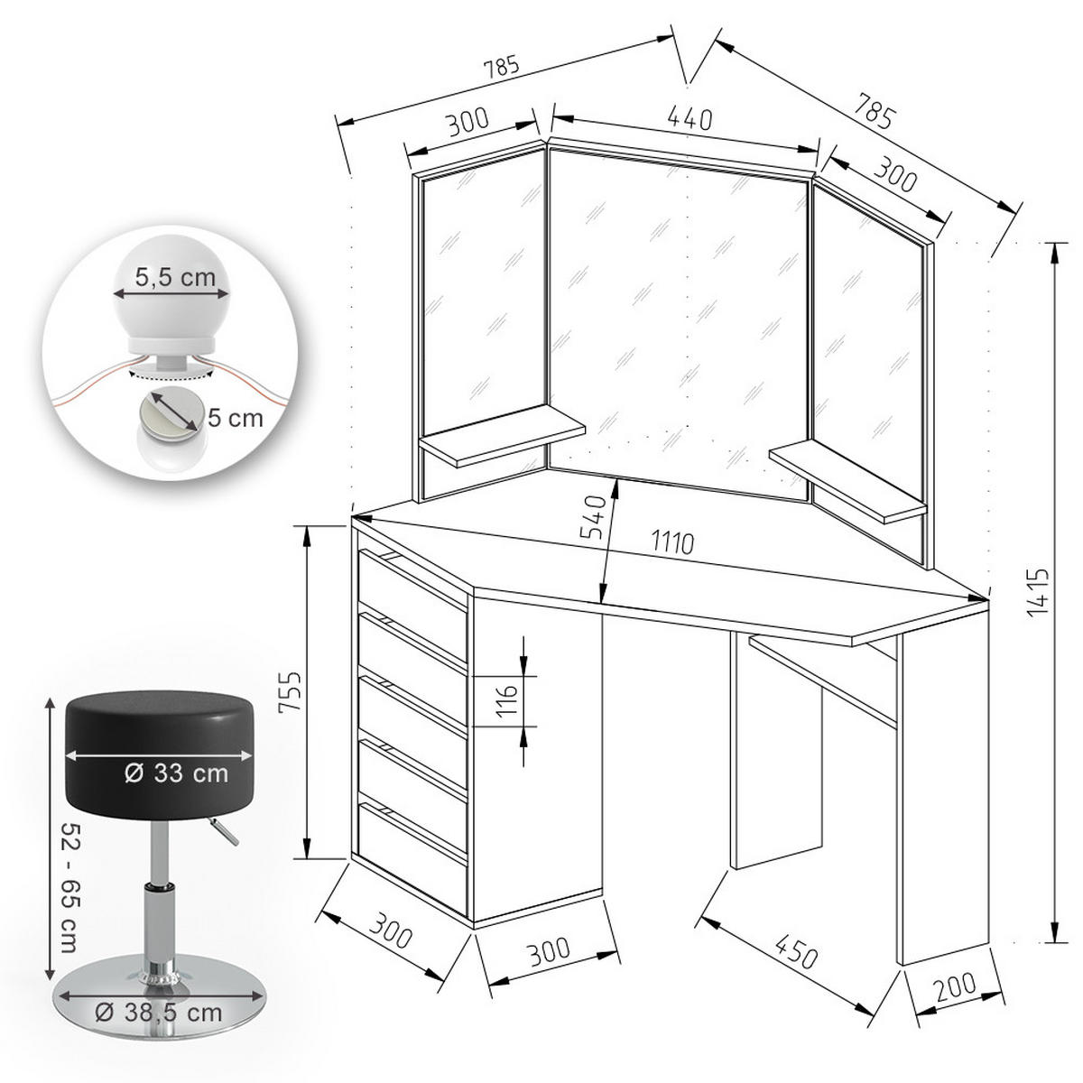 ECKSCHMINKTISCH Arielle Schwarz 110 cm mit LED Beleuchtung und Hocker - Schwarz, Holzwerkstoff (110/141.5/54cm) - Vicco