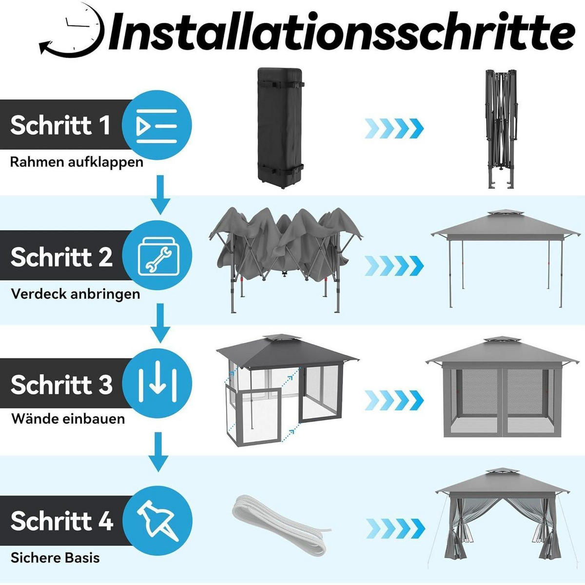 GARTENPAVILLON Pop Up 4x4m Grau mit Moskitonetz - Grau, Metall (400/285/400cm)