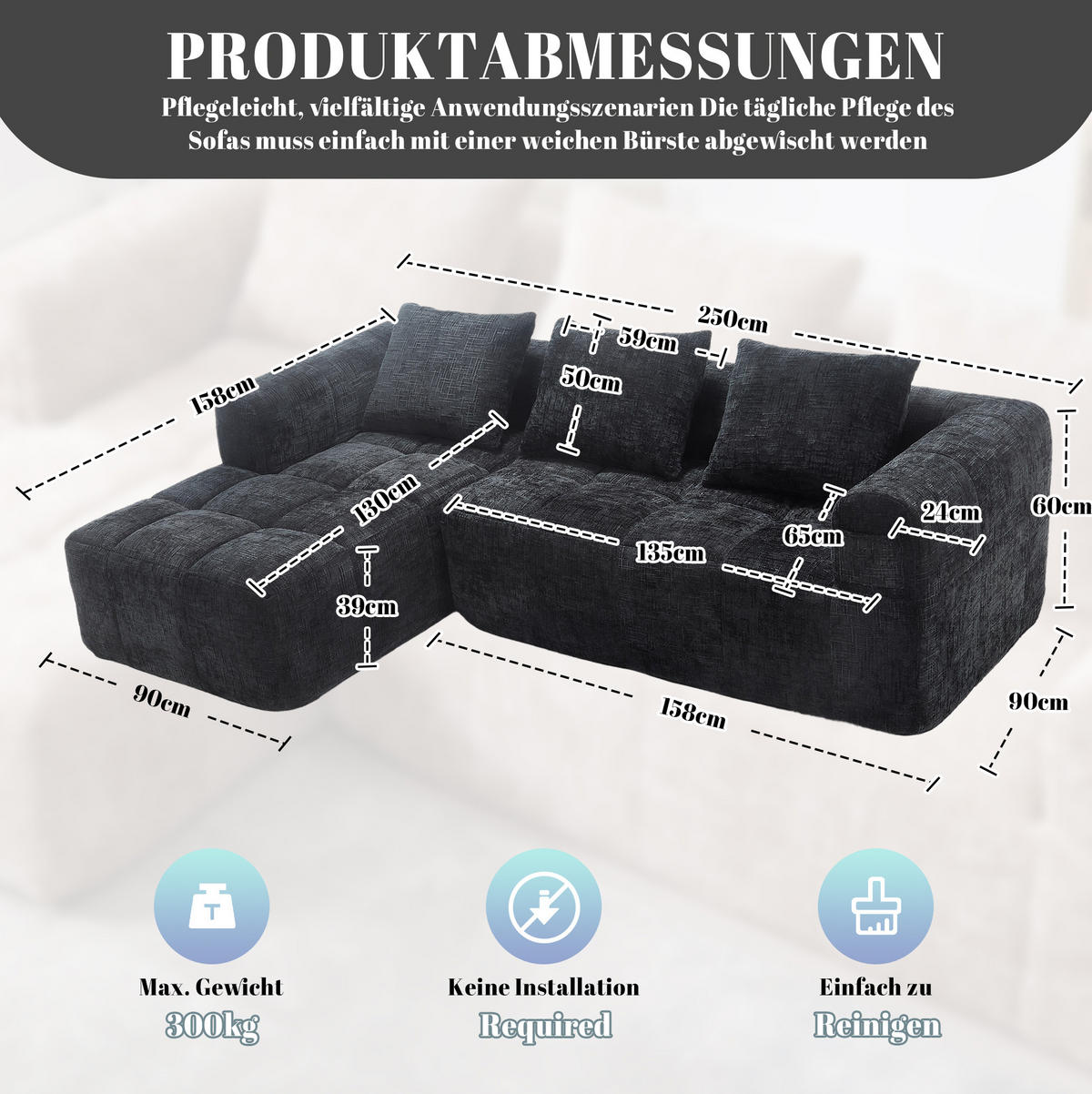 SOFA mit Chaiselongue 250 x 158 cm Chenille Black 3 Kissen - Schwarz, Textil (250/158cm) - IVMEU