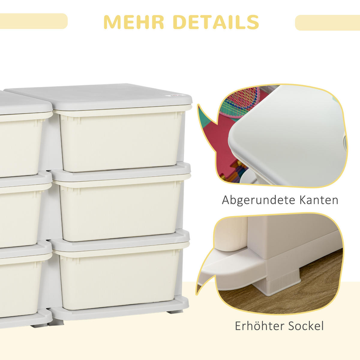 SCHUBLADENSCHRANK, Kunststoff, Cremeweiß/Grau, 75L x 37B x 56,5H cm - Creme/Weiß, Kunststoff (37/56.5/75cm) - HOMCOM