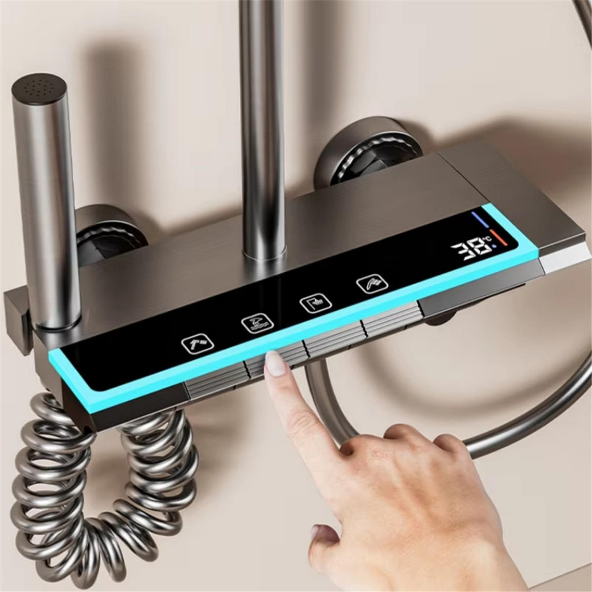 ÜBERKOPFBRAUSESET 4 Funktionen Heiß Kalt Digital - Dunkelgrau, Metall (21/105/30cm) - Kaket