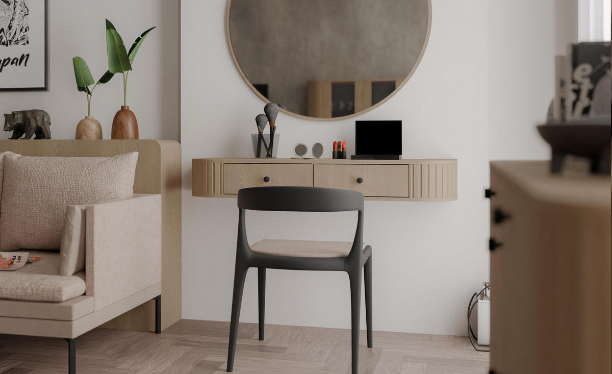 KONSOLENTISCH Halay Eiche Cremona 2 Schubladen mit runden Kanten + Rund Spiegel 100 cm - Eichefarben/Schwarz, Holzwerkstoff/Metall (35.9/123/17.5cm) - AX Living