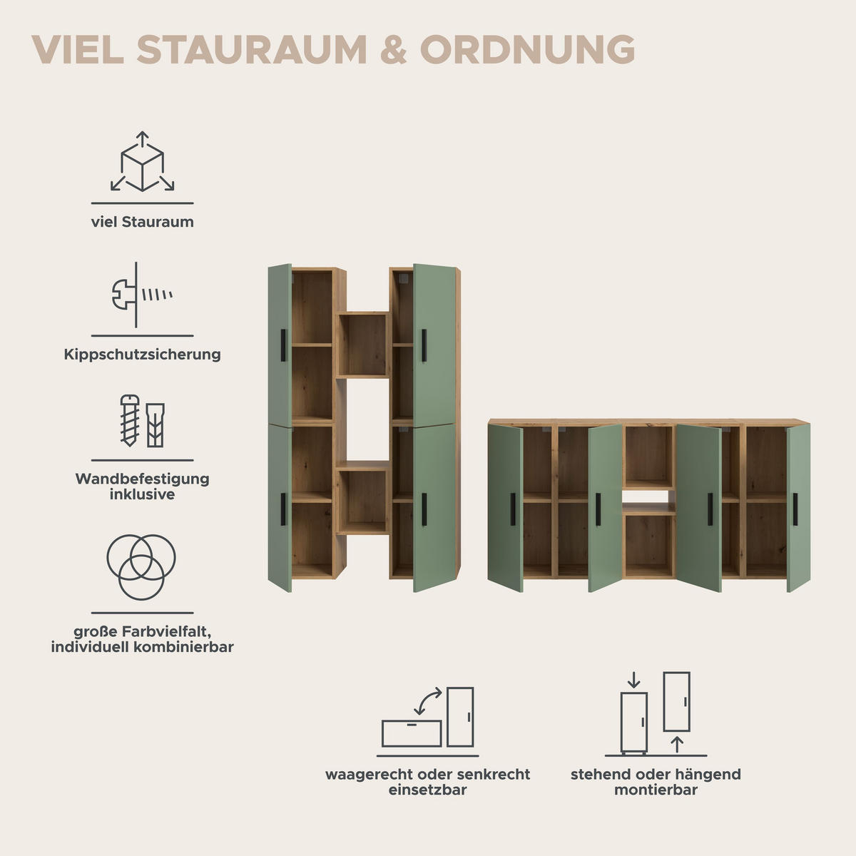 WOHNWAND Primo 4 tlg. (B/H/T: ca. 270/182/34 cm) in Artisan Oak /Smoke Green - Eiche Artisan, Holzwerkstoff (270/182/34cm)
