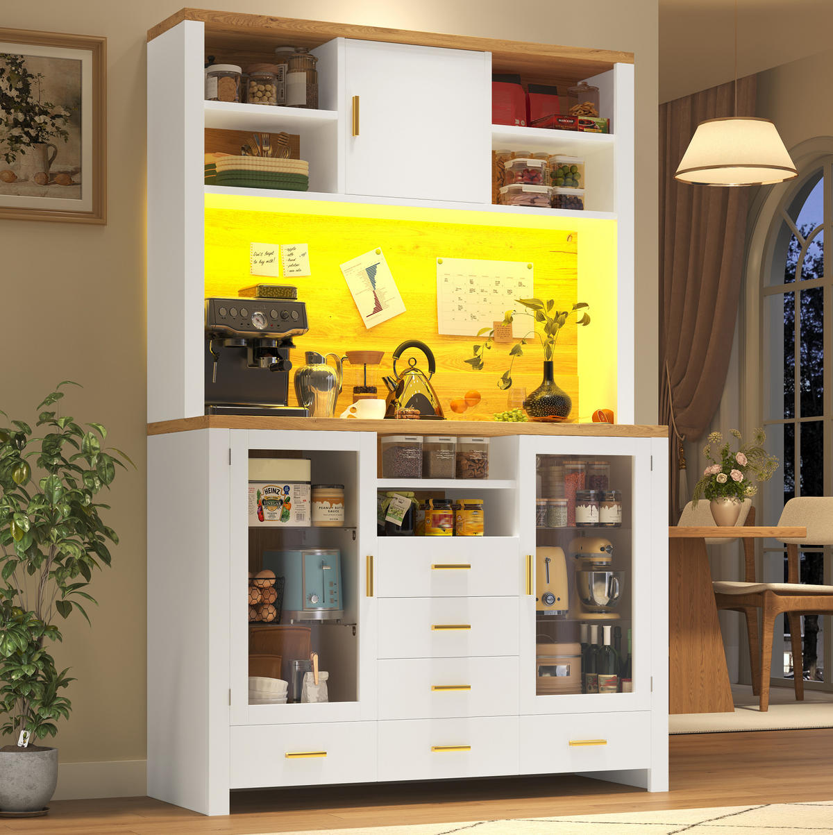 BUFFETSCHRANK 120/40/180 cm mit LED-Lichtleiste, viel Stauraum und MDF-Korpus, Weiß/Holzoptik - Weiß, Holzwerkstoff (120/188/40cm) - Redom