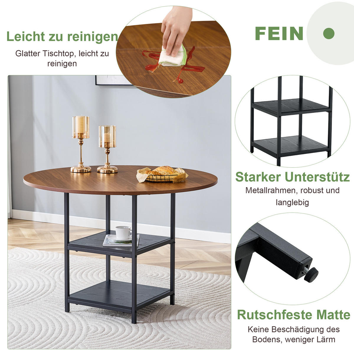 ESSTISCH-SET 5-tlg. 107 cm Schwarz/Nussbaum - Schwarz, Metall (107/75/107cm) - Meubliv