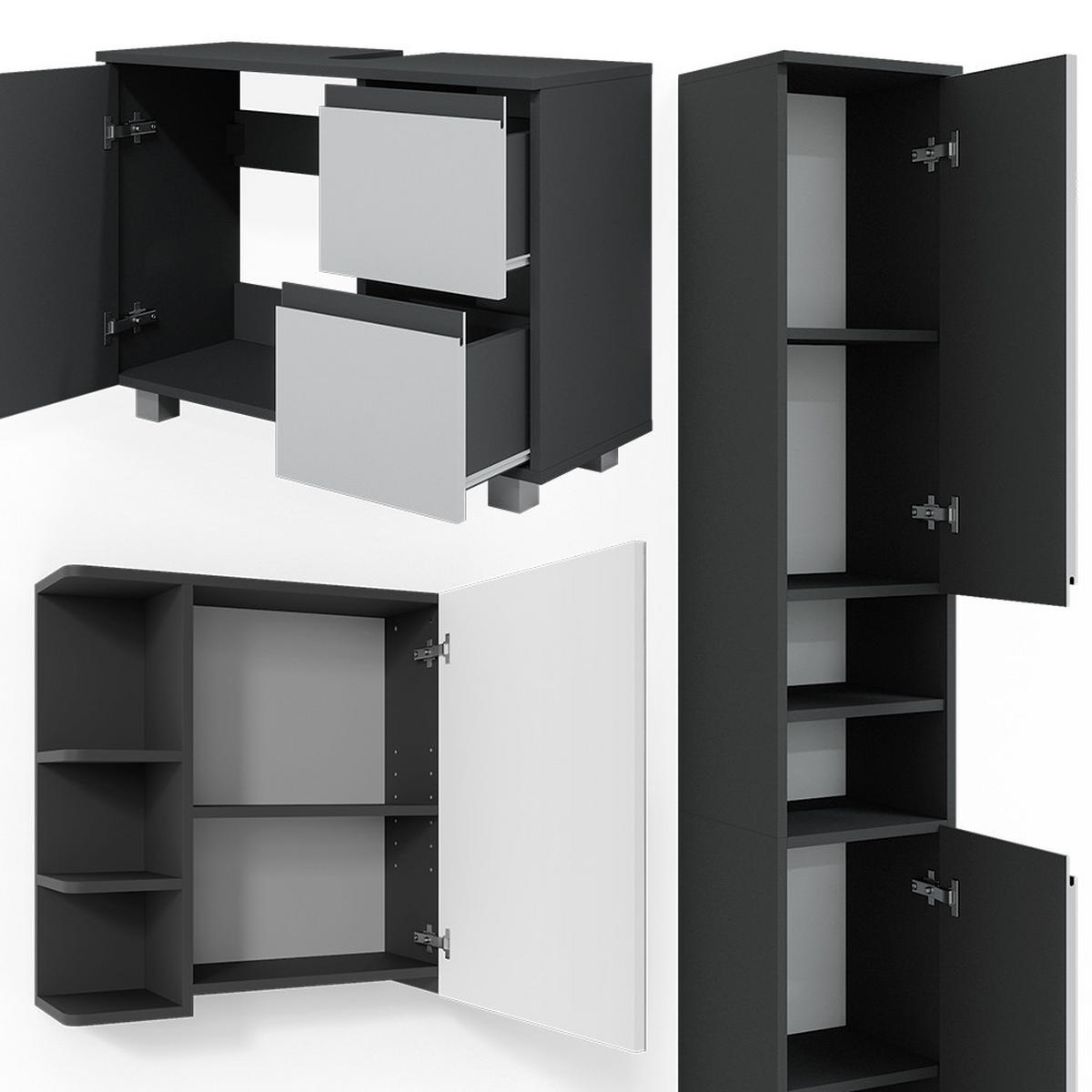 BADMÖBEL-SET J-Shape Anthrazit 3 Teile, mit Hochschrank - Anthrazit/Weiß, Holzwerkstoff (80/60/33cm) - Vicco