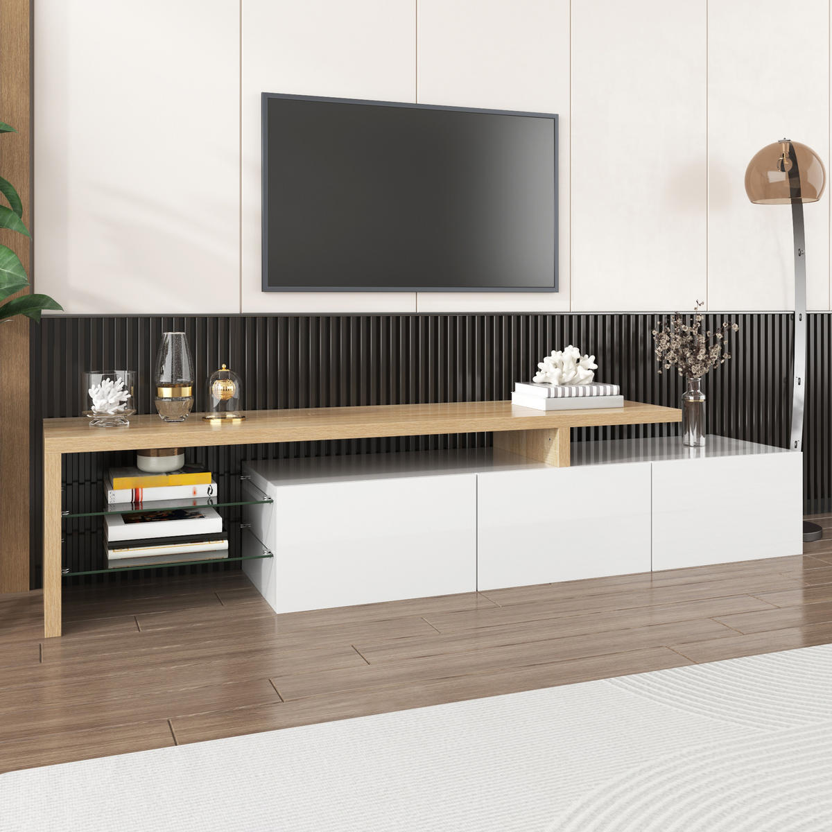 TV-ELEMENT 197,5 cm MDF Weiß Holzoptik mit LED-Beleuchtung und Glasböden - Weiß, Holzwerkstoff (39/42/197.5cm) - Korfee
