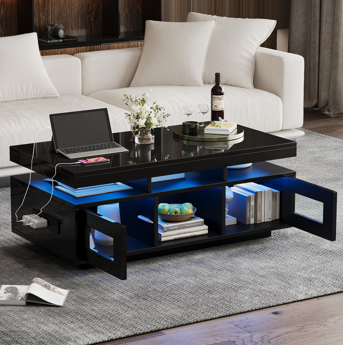 COUCHTISCH 100/50/43 cm mit LED-Beleuchtung, Steckdose, USB-Anschluss und Stauraum aus Spanplatte, Schwarz - Schwarz, Holzwerkstoff (100/50/43cm) - Redom