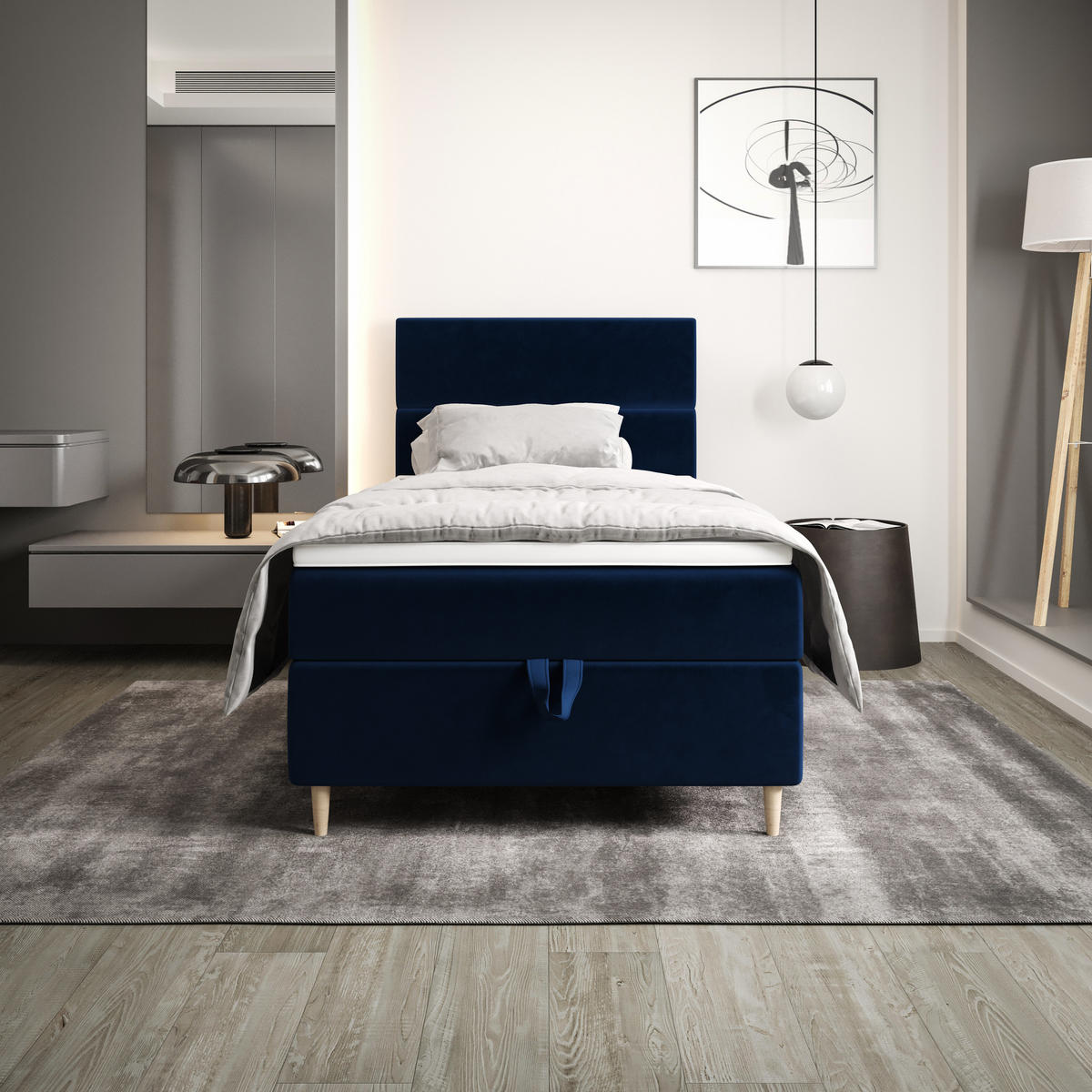 BOXBETT FLO 100x200 Itaka 11, mit Matratze H3, Bonell und Topper, Dunkelblau - Dunkelblau, Holz/Textil (100/200cm) - Bedante