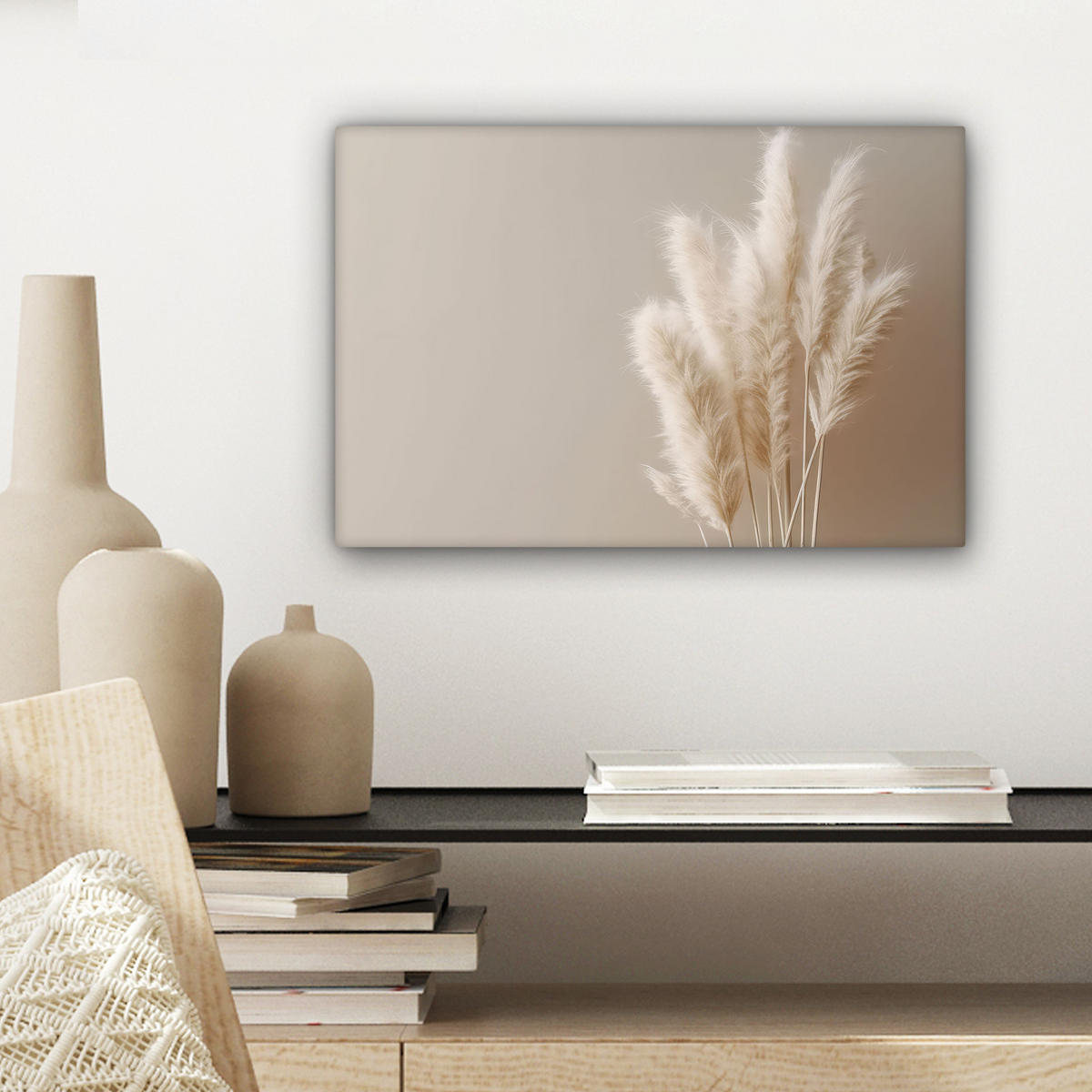 LEINWANDBILD Pampasgras - Federn - Pastell - Weiß 30x20 cm - Naturfarben, Textil (30/20cm) - MuchoWow