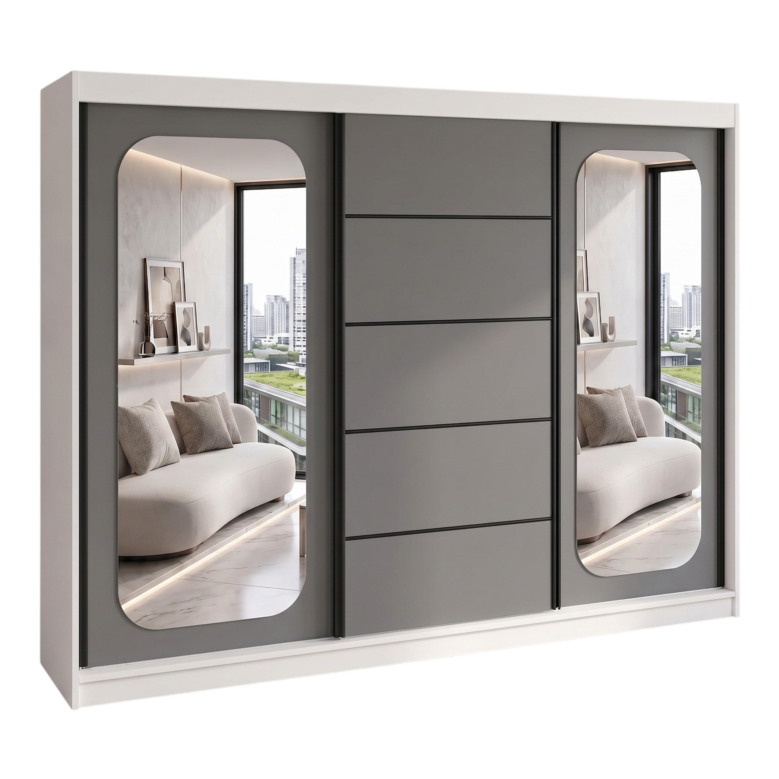 SCHWEBETÜRENSCHRANK BELANO 200 cm. Innenausstattung: Basic - Graphitfarben/Weiß, Holzwerkstoff (200/215/59.5cm) - A&J MöbelLand