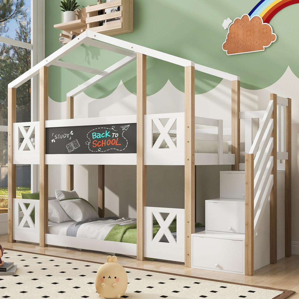 POSCHODOVÁ posteľ 90/200 cm biela/prírodná s tabuľou a úložnými schodmi z dreva - biela, kompozitné drevo (90/200cm) - OKWISH