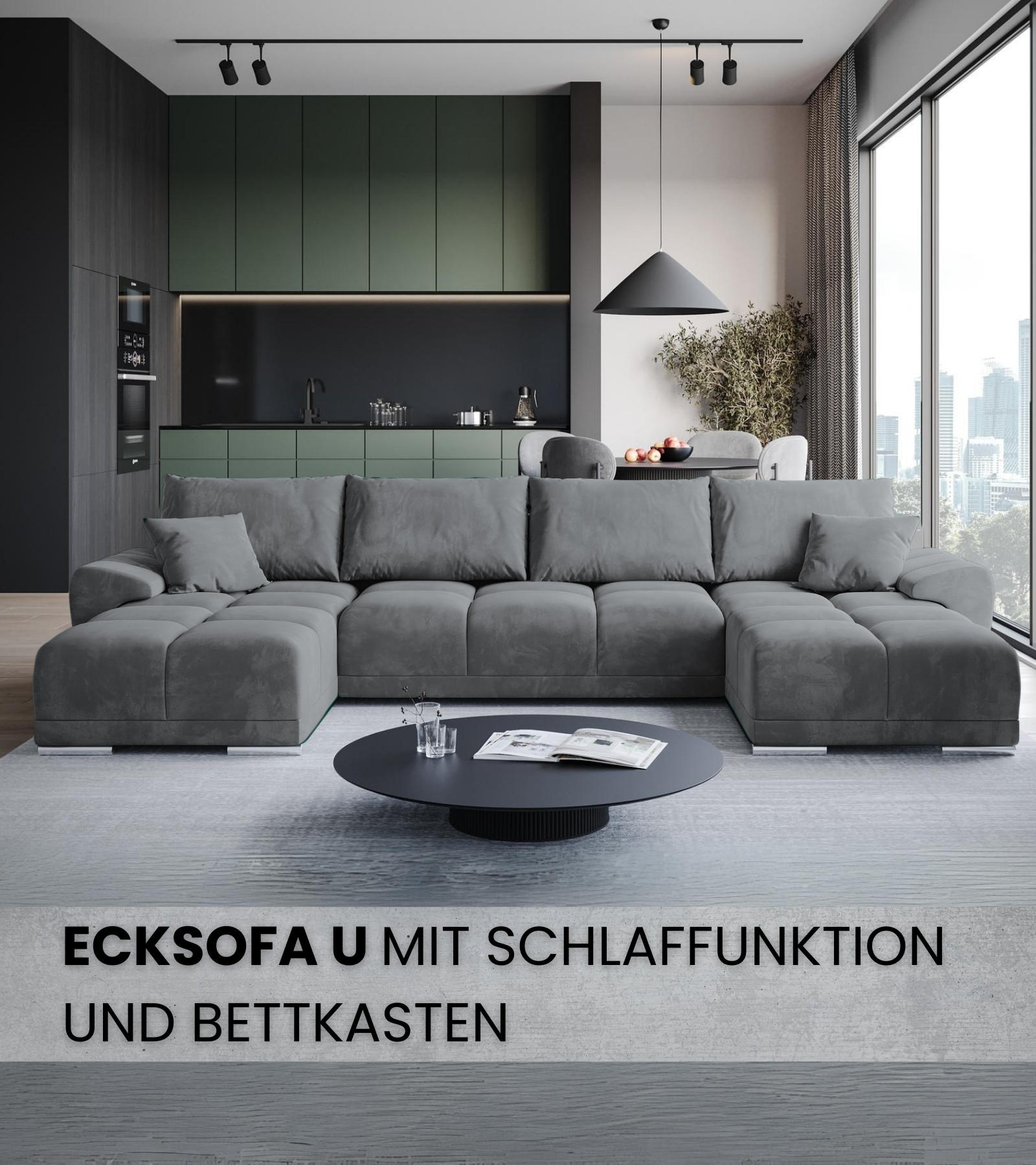 WOHNLANDSCHAFT Nubes mit Schlaffunktion Grau Plüsch - Silberfarben/Grau, Kunststoff/Textil (372/85/184cm) - Bromarkt
