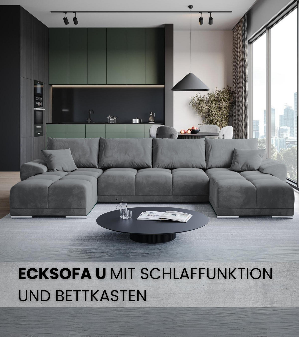 WOHNLANDSCHAFT Nubes mit Schlaffunktion Grau Plüsch - Silberfarben/Grau, Kunststoff/Textil (372/85/184cm) - Bromarkt