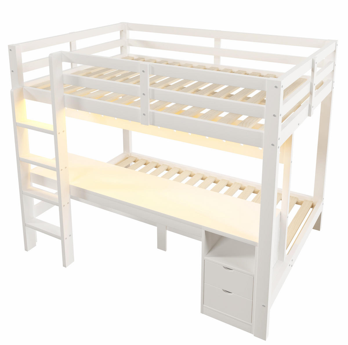 HOCHBETT 90/200 cm und 140/200 cm Weiß mit Schreibtisch, Schubladen und LED - Weiß, Holz (140/200cm) - MIVRAY