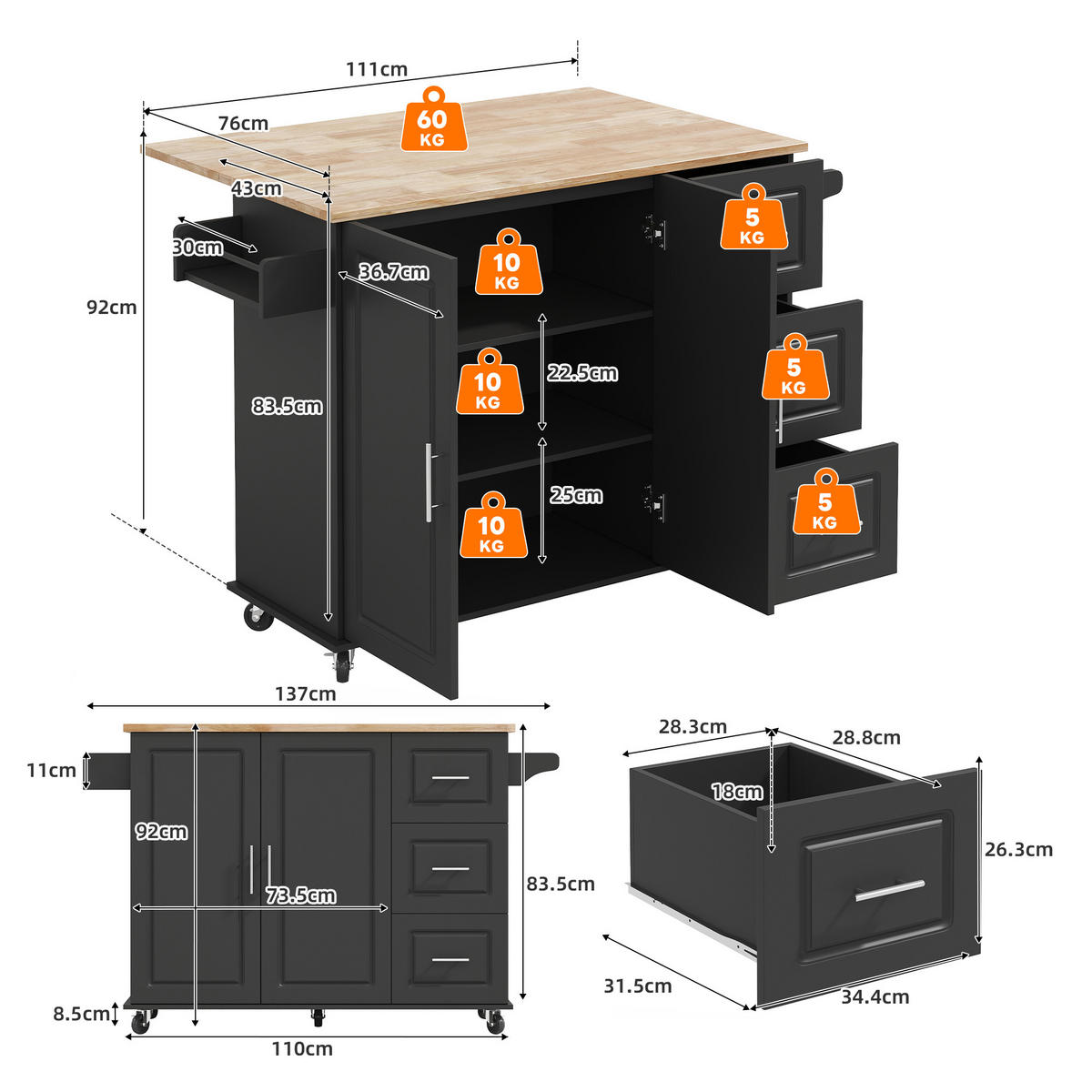 KÜCHENINSEL 137x76x92cm Schwarz mit Klappplatte, Schrank, 3 Schubladen & Rollen - Schwarz, Holzwerkstoff (137/92/76cm) - Modfu