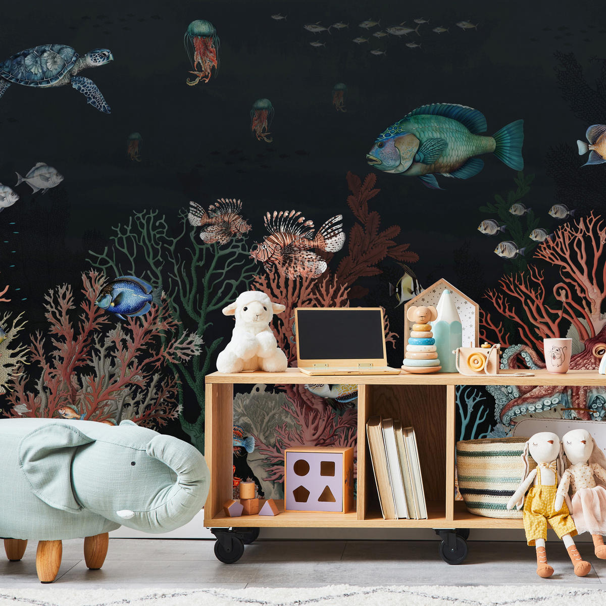 FOTOTAPETE für Badezimmer Bunter Unterwasser Pflanzen Riff Fische 150x105 - Rot/Schwarz, Papier (150/105cm) - Muralo