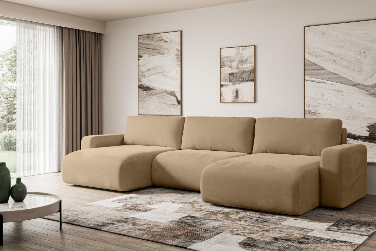 WOHNLANDSCHAFT mit Schlaffunktion und Bettkasten KLEEA-U - 347x143x83 cm Beige Velours - Beige/Schwarz, Holzwerkstoff/Kunststoff (347/83/143cm) - ALTDECOR