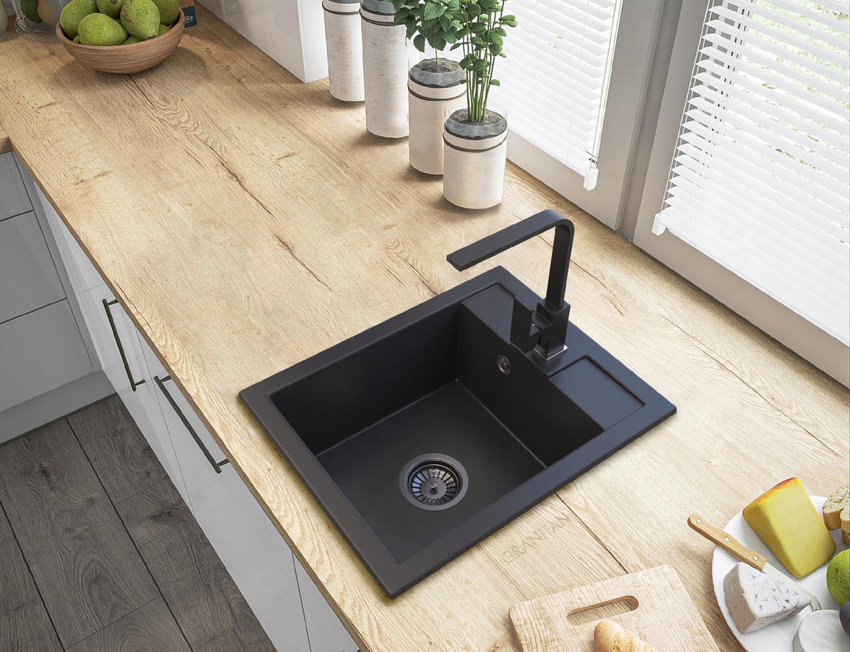 GRANITSPÜLE Best mit Siphon Batterie - Schwarz, Kunststoff/Stein (50/40/18cm) - Granitan