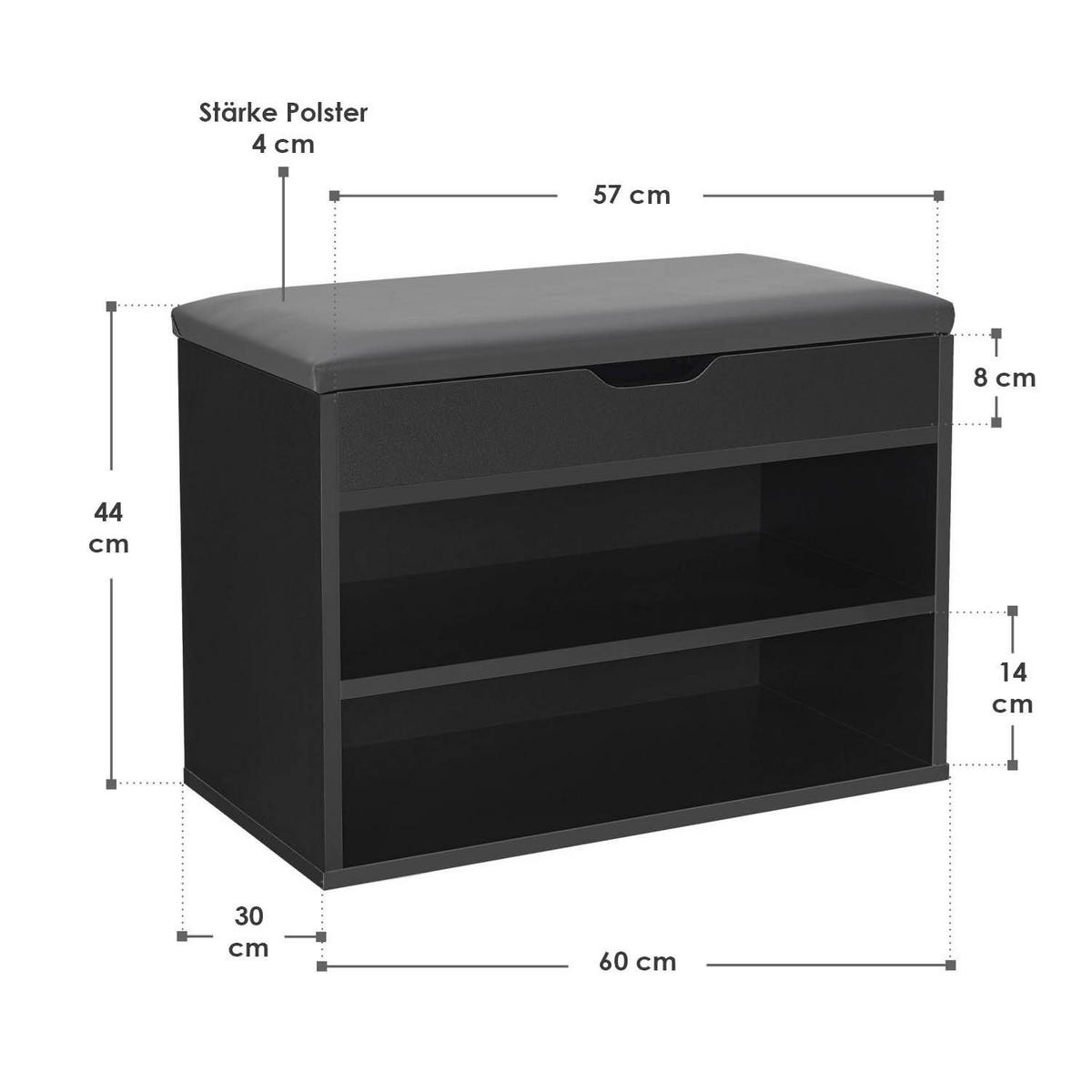 SCHUHREGAL schwarz mit Klappdeckel und gepolstertem Sitz 60 x 30 x 44 cm - Schwarz, Holz (30/44/60cm) - Juskys