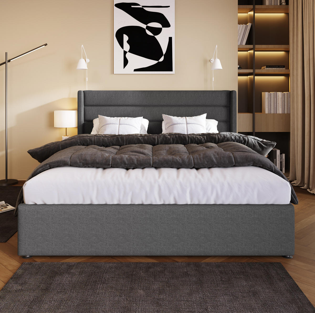 ČALOUNĚNÁ postel 140x200 cm s hydraulickým úložným prostorem a čalouněným čelem, Šedá - šedá, textil (140/200cm) - Redom