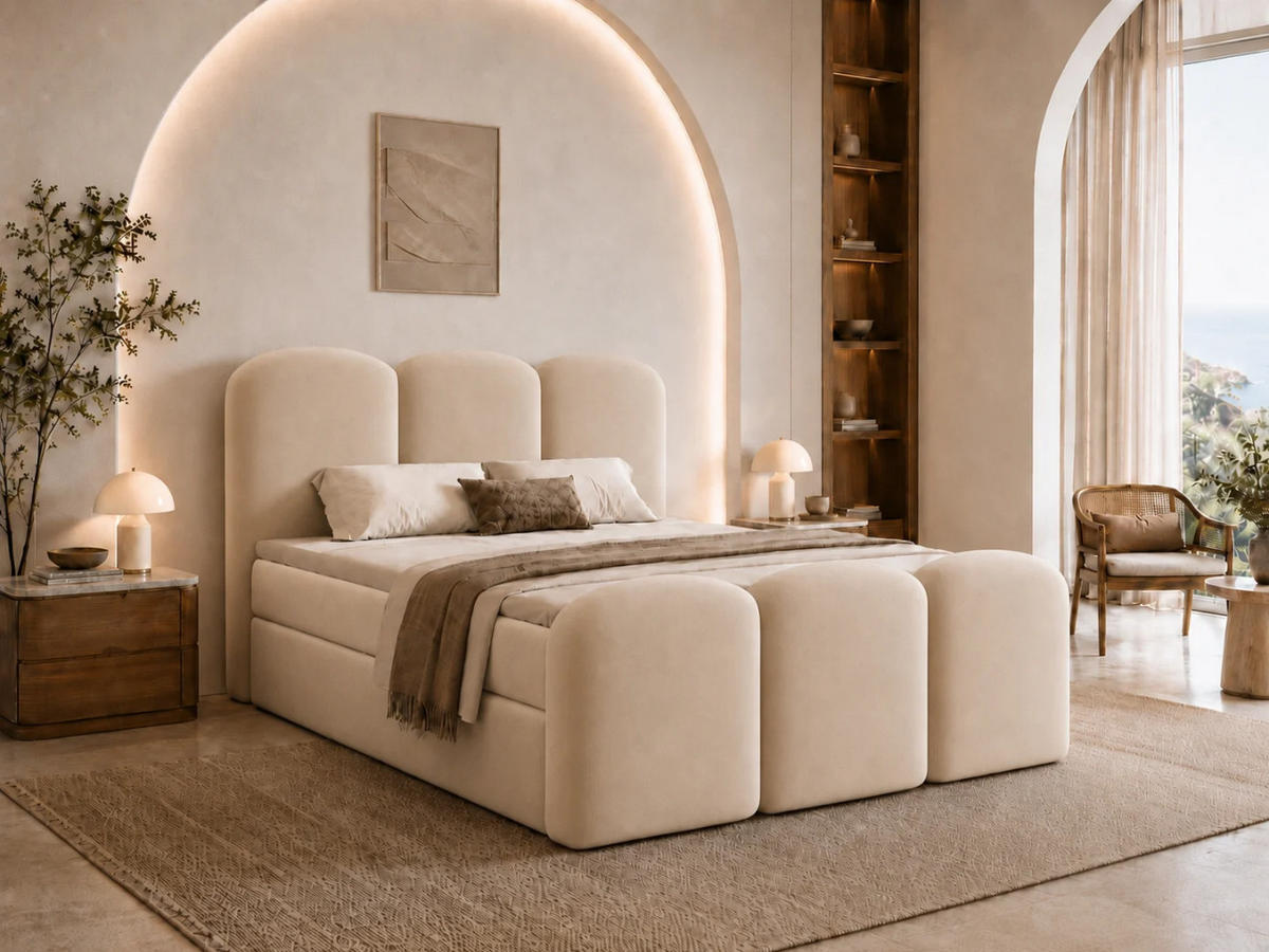 BOXBETT ROYAL 120x200 cm in Hellbeige, Bettkasten, Topper, Velvet-Stoff - Beige, Holz/Textil (120/200cm) - EMLAR Home