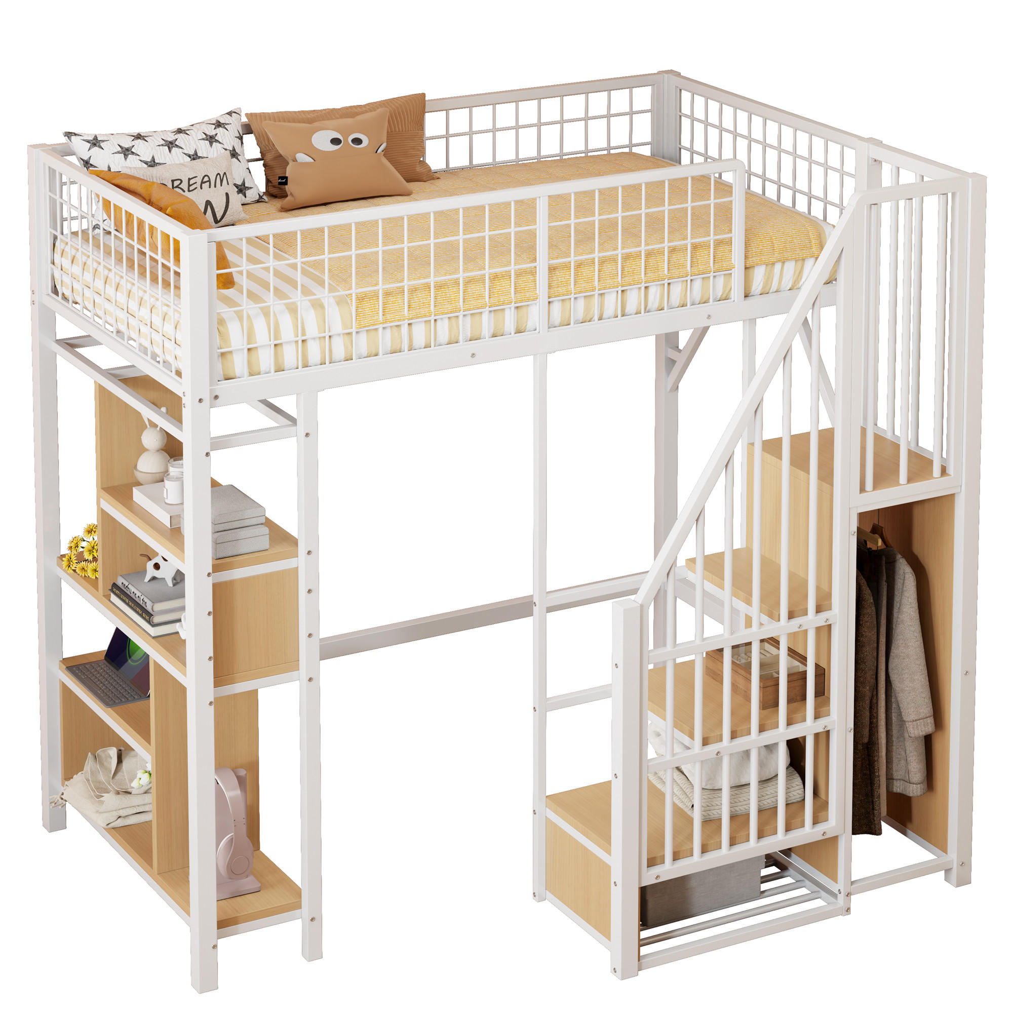 HOCHBETT 90/200 cm weiß Metallbett mit Stauraumtreppe und Ablageflächen - Weiß, Metall (90/200cm) - OKWISH