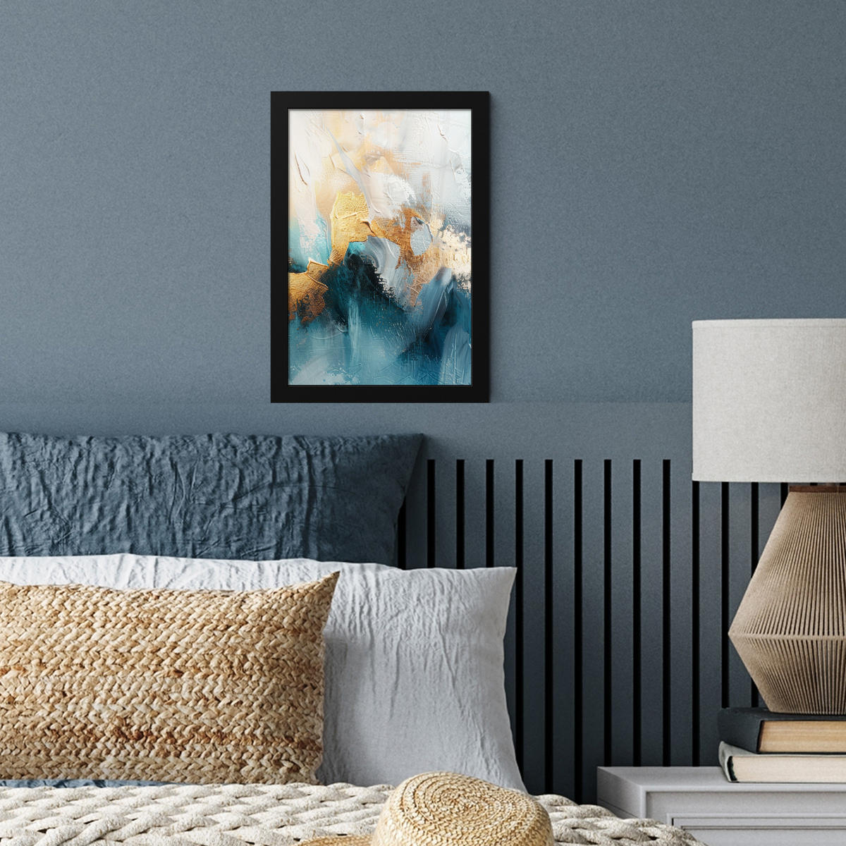 GERAHMTES BILD Abstrakt - Kunst - Gold - Blau 20x30 cm - Petrol, Papier (20/30cm) - MuchoWow