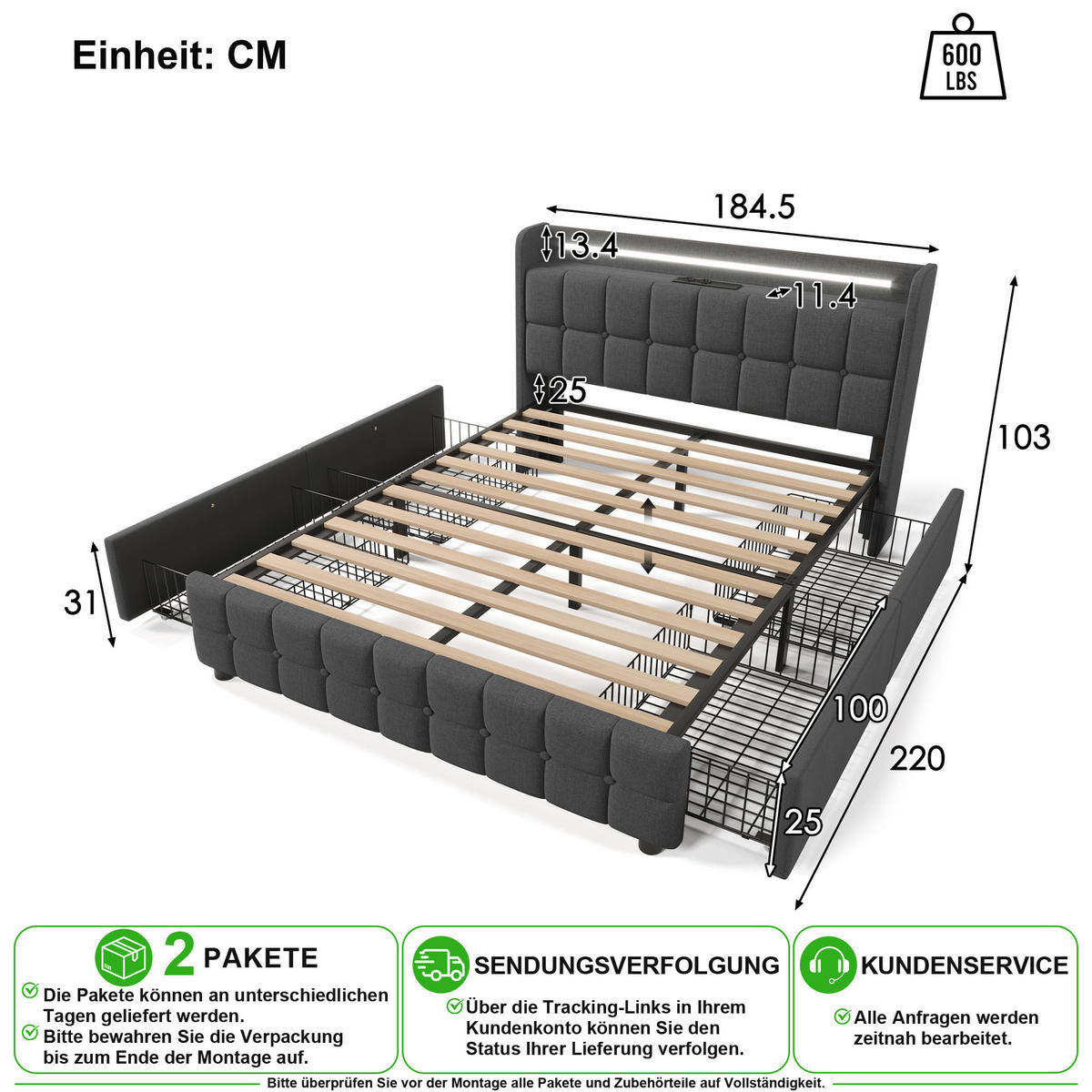 ČALOUNĚNÁ POSTEL 180/200 cm v šedé barvě se 4 zásuvkami, LED a USB - šedá, kov/kompozitní dřevo (180/200cm) - CHICFURN